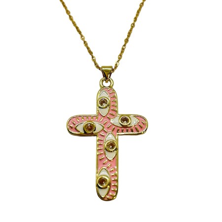 necklace steel chain gold cross metal pink